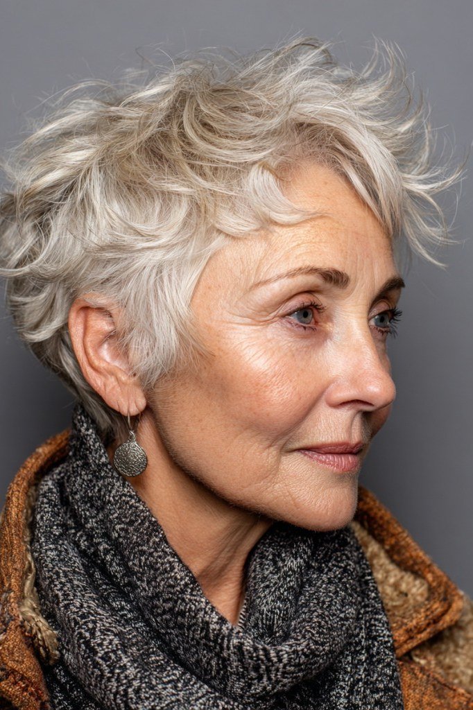 Shaggy pixie bob hairstyle for women over 60: white curly shaggy pixie bob, full volume, older woman, front 3/4 view