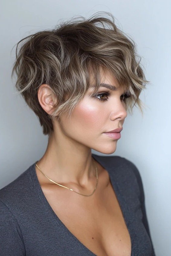 Shaggy pixie bob hairstyle for women over 60: silver-grey wavy shaggy pixie bob, feathered layers, younger woman, front 3/4 view