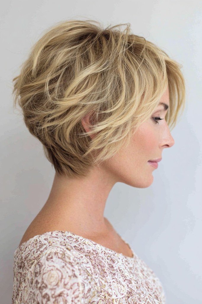 Shaggy pixie bob hairstyle for women over 60: blonde shaggy pixie bob, tousled, older woman, side view