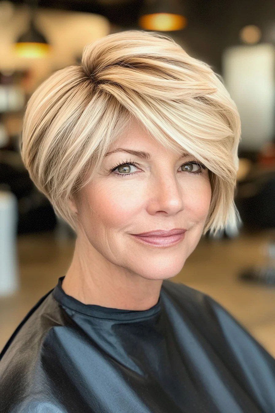Shaggy pixie bob hairstyle for women over 60: blonde shaggy pixie bob, salon setting, older woman, front view
