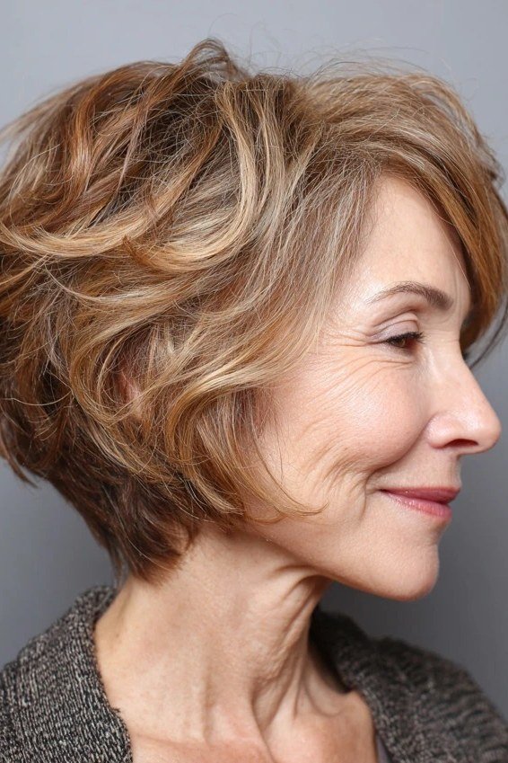 Shaggy pixie bob hairstyle for women over 60: honey-blonde shaggy pixie bob, tousled, older woman, side view
