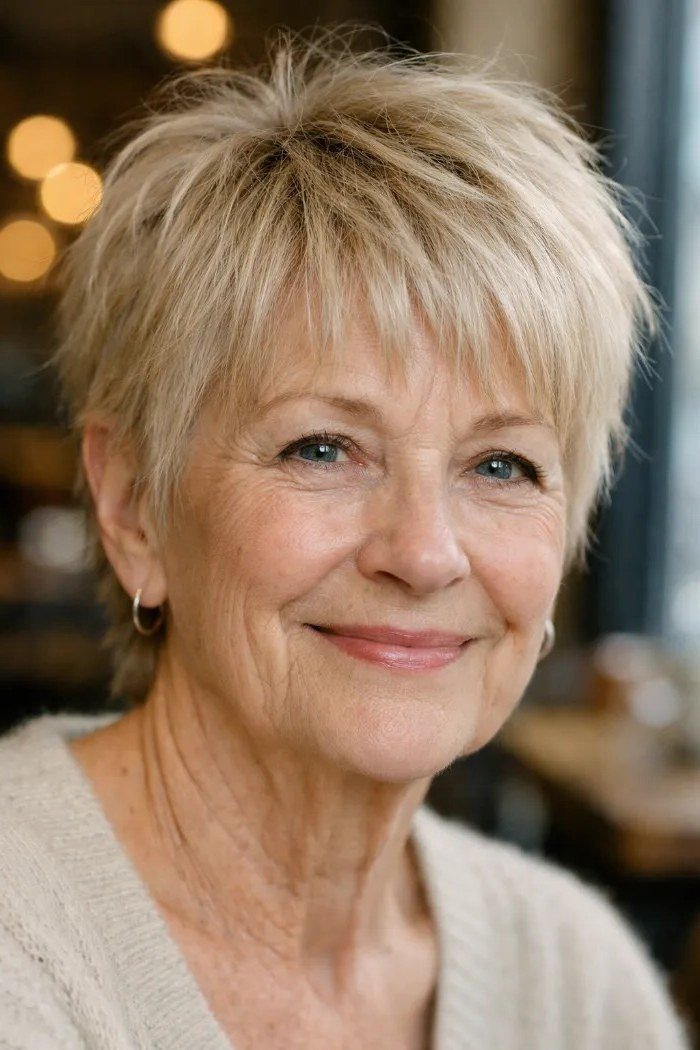 Shaggy pixie bob hairstyle for women over 60: blonde layered pixie bob, tousled, front view, older woman