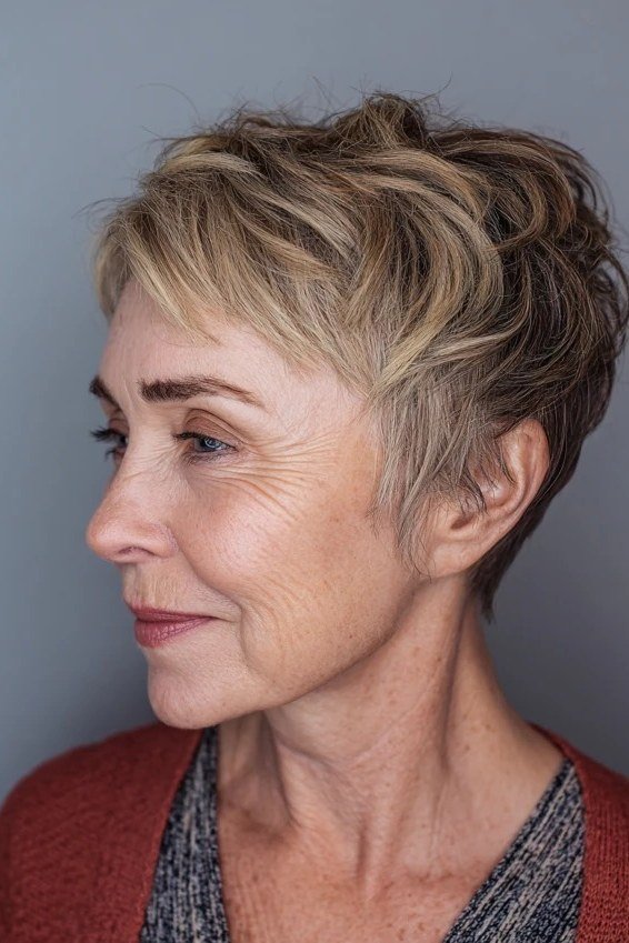 Shaggy pixie bob hairstyle for women over 60: blonde-brown shaggy pixie bob, piecey layers, side profile, older woman