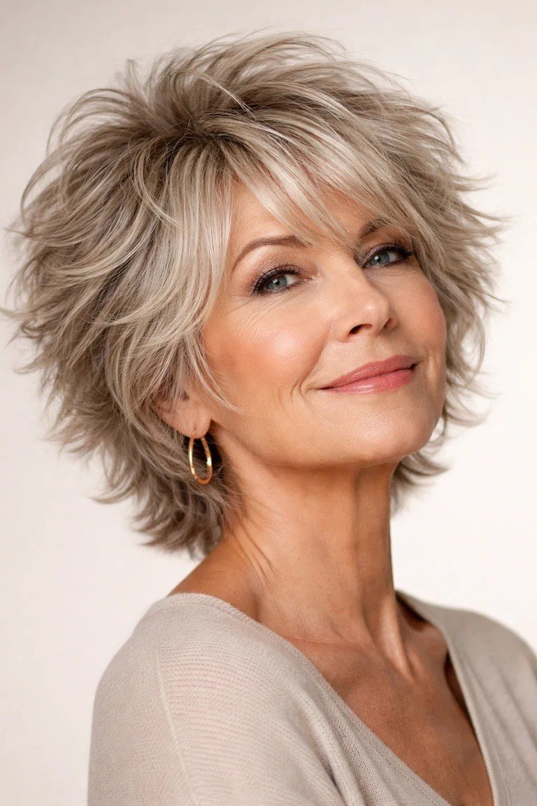 Shaggy pixie bob hairstyle for women over 60: blonde wavy shaggy pixie bob with volume, older woman, front 3/4 view