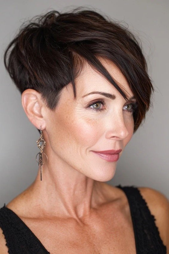 Shaggy pixie bob hairstyle for women over 60: brunette shaggy pixie bob, older woman, front-side view