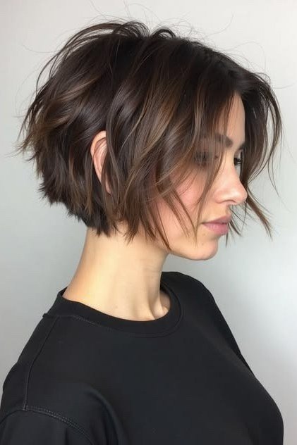 Shaggy pixie bob hairstyle for women over 60: dark brunette shaggy pixie bob, piecey tapered nape, side view, mature woman