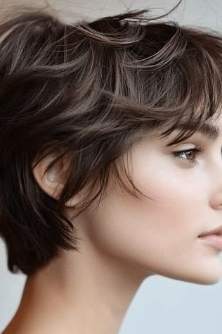 Shaggy pixie bob hairstyle for women over 60: dark brown choppy pixie bob, feathered layers, side view, mature woman