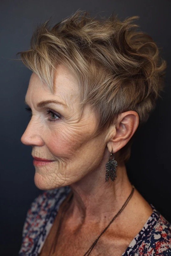 Shaggy pixie bob hairstyle for women over 60: light brown shaggy pixie bob, feathered, side profile, older woman