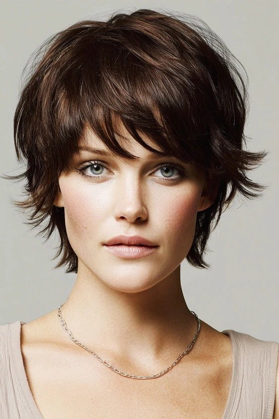 Shaggy pixie bob hairstyle for women over 60: brown wavy shaggy pixie bob, tousled layers, younger woman, front view