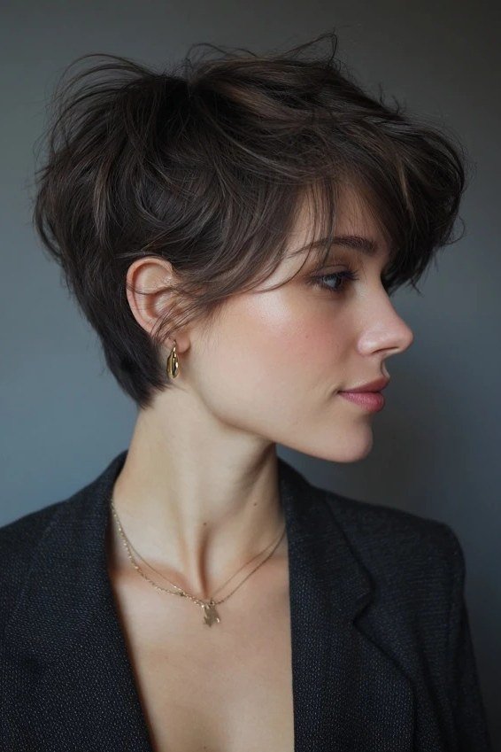 Shaggy pixie bob hairstyle for women over 60: dark brown shaggy pixie bob, feathered texture, mature woman, side view