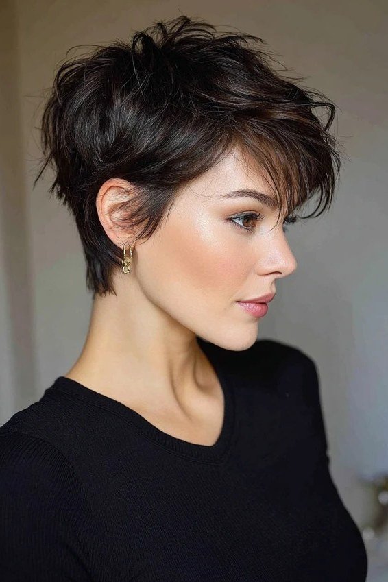 Shaggy pixie bob hairstyle for women over 60: dark brown textured pixie bob with bangs, mature woman, side view