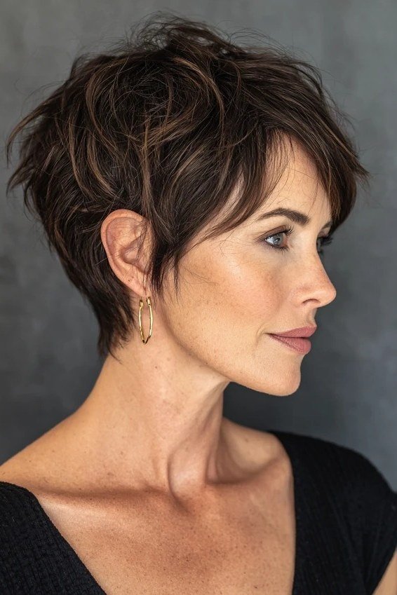 Shaggy pixie bob hairstyle for women over 60: brown wavy shaggy pixie bob, tousled crown, mature woman, side view