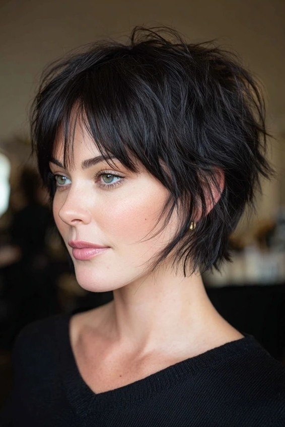Shaggy pixie bob hairstyle for women over 60: black shaggy pixie bob with bangs, textured volume, mature woman, front view