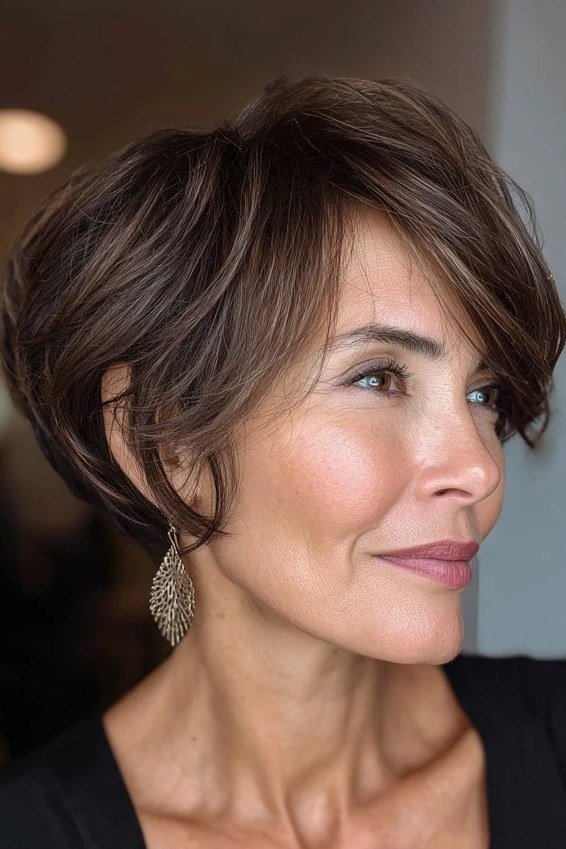 Shaggy pixie bob hairstyle for women over 60: brown layered shaggy pixie bob with volume, mature woman, front 3/4 view