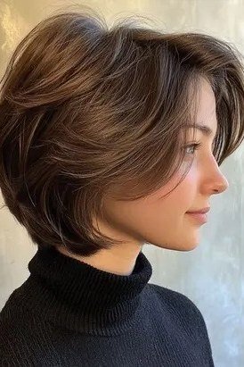 Shaggy pixie bob hairstyle for women over 60: brown feathered pixie bob, textured layers, younger woman, side view