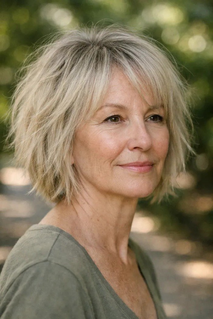 Shaggy bob with bangs hairstyle for women over 60