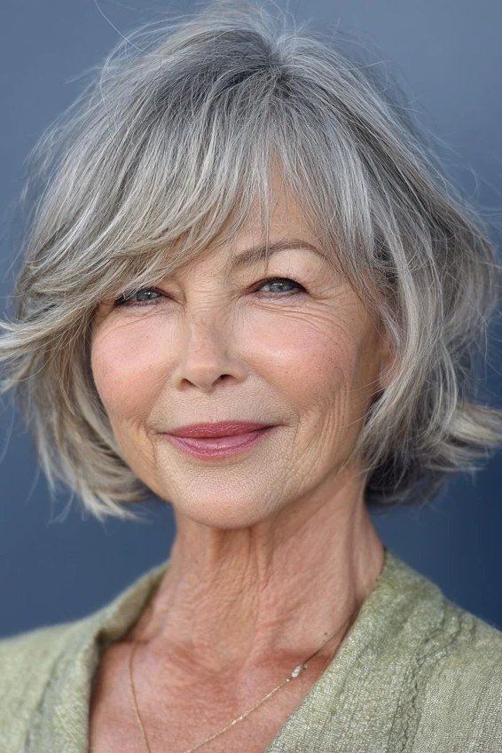 Shaggy bob with bangs hairstyle for women over 60
