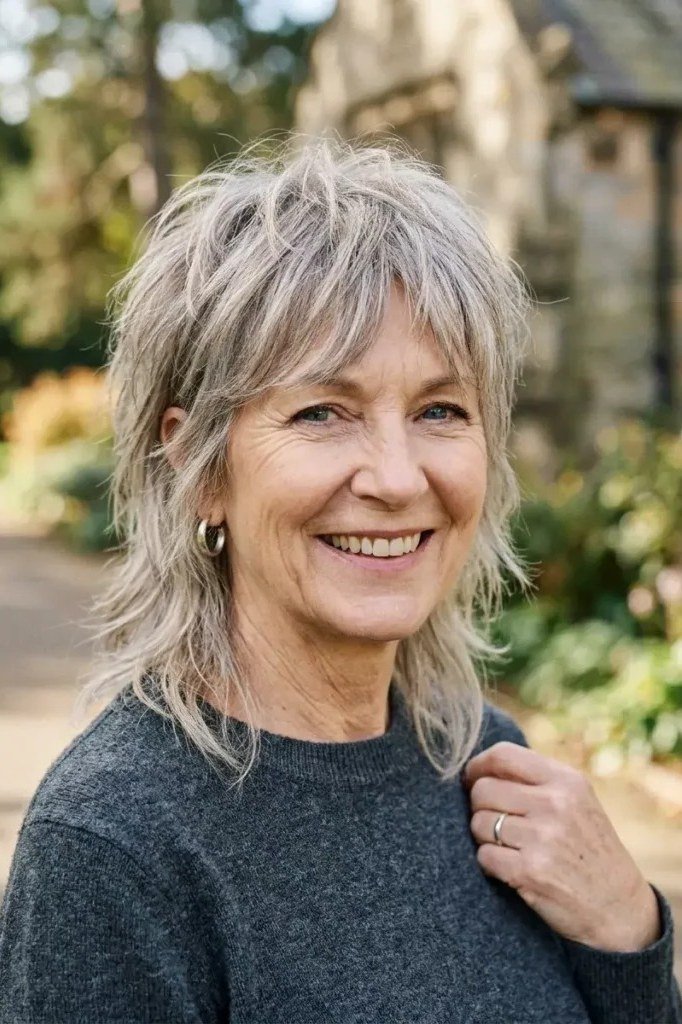 Shaggy bob with bangs hairstyle for women over 60
