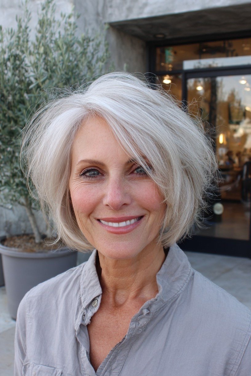 Shaggy bob with bangs hairstyle for women over 60