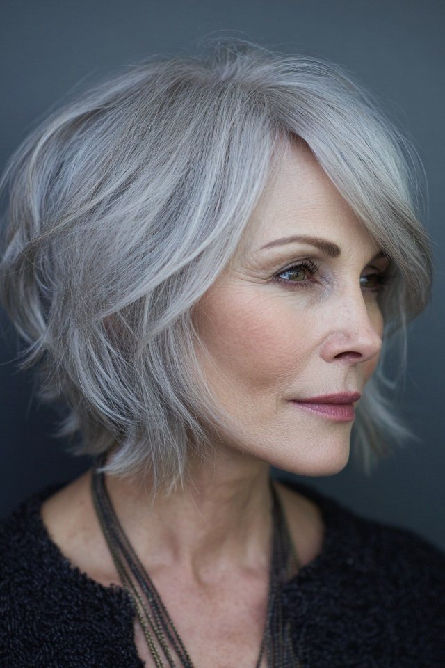Silver shaggy bob with sweeping side bangs, three-quarter view - shaggy bob haircut with bangs for women over 60