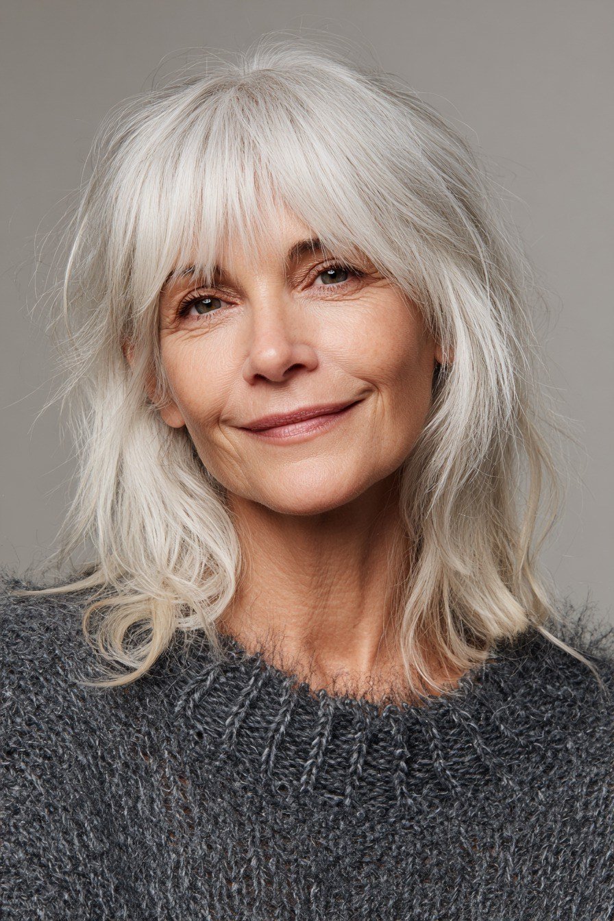 Long silver shaggy cut with curtain fringe, front view - shaggy bob haircut with bangs for women over 60