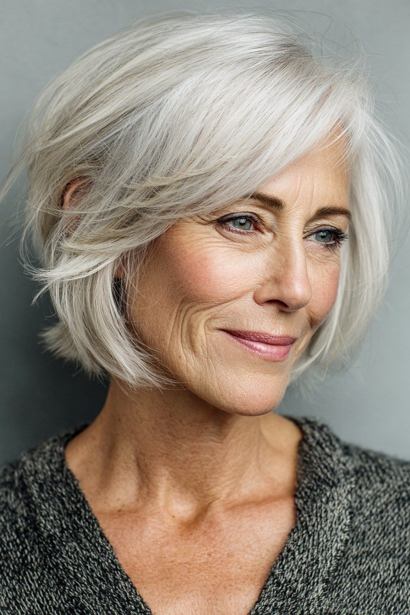 White bob with feathered bangs, three-quarter view - shaggy bob haircut with bangs for women over 60