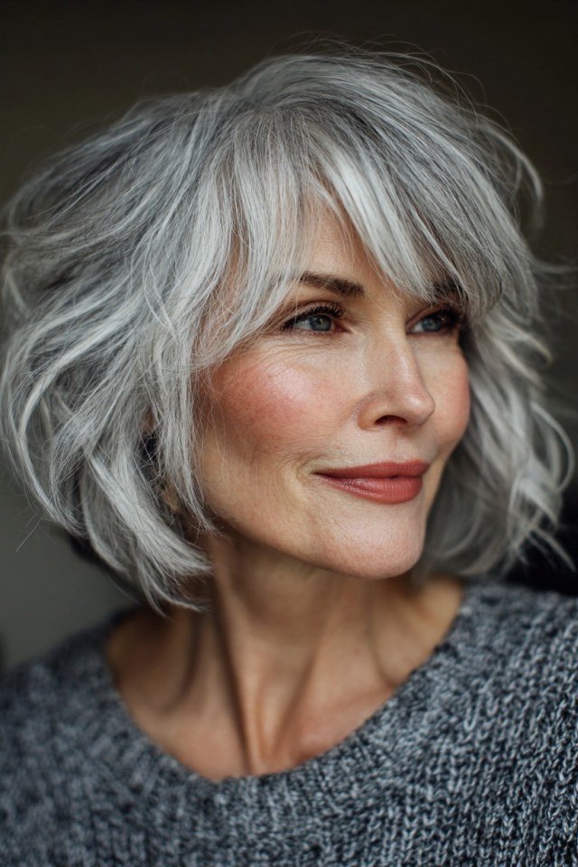Silver shaggy bob with tousled bangs, three-quarter view - shaggy bob haircut with bangs for women over 60