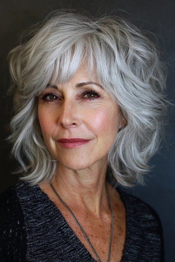Curly silver shaggy bob with bangs, front view - shaggy bob haircut with bangs for women over 60