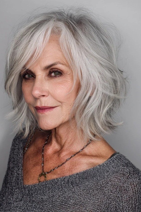 Curly grey shaggy bob with bangs, front view - shaggy bob haircut with bangs for women over 60