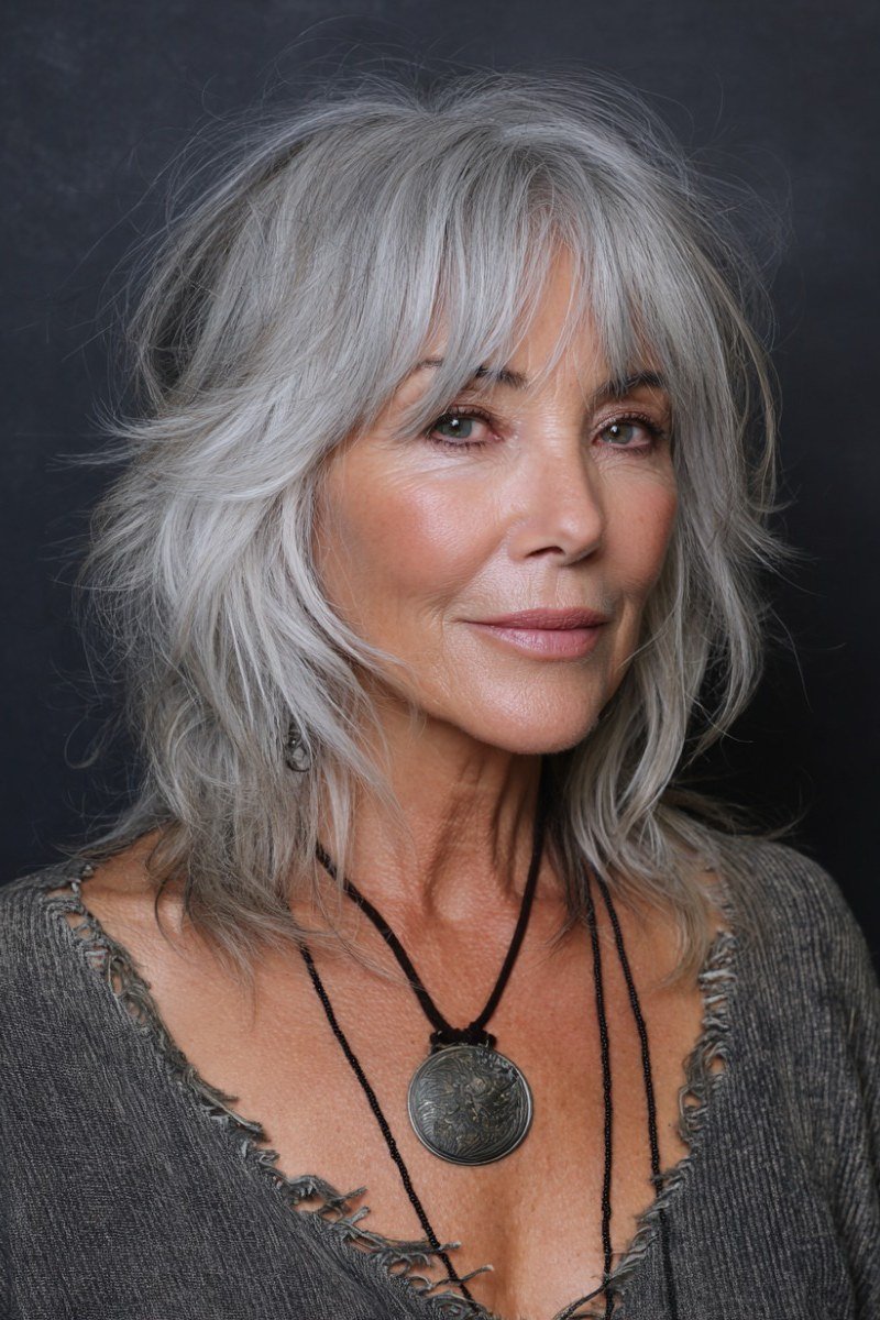 Silver shaggy bob with layered bangs, front view - shaggy bob haircut with bangs for women over 60