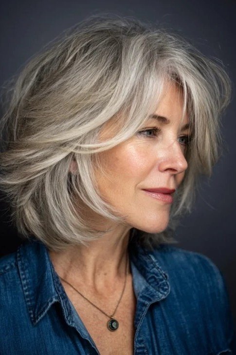 Silver bob with side bangs, three-quarter view - shaggy bob haircut with bangs for women over 60