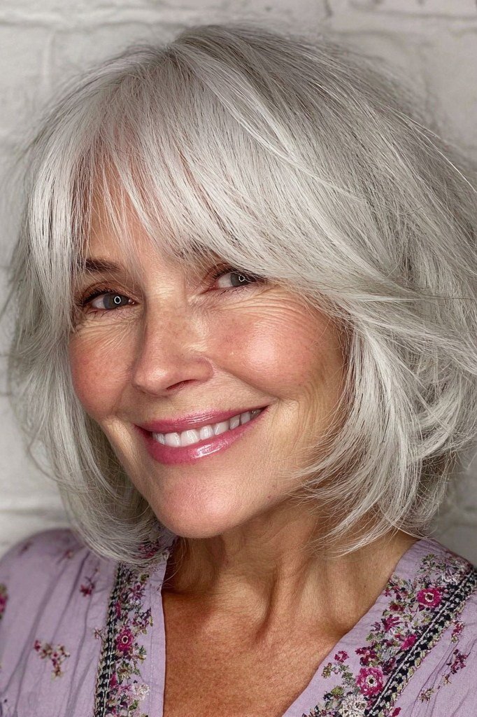 Silver shaggy bob with wispy bangs, smiling front view - shaggy bob haircut with bangs for women over 60