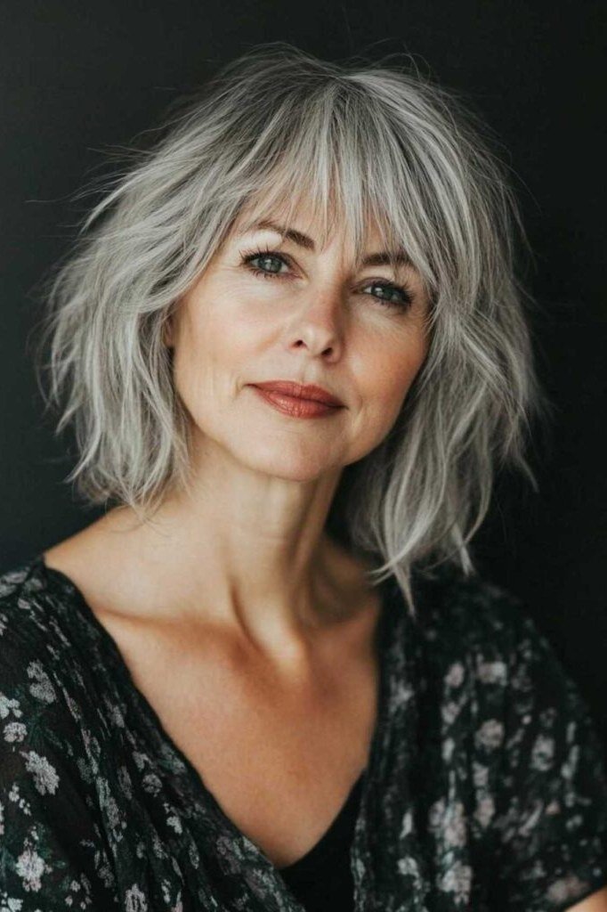 Silver bob with wispy bangs, front view - shaggy bob haircut with bangs for women over 60