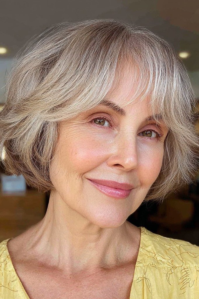 Silver shaggy bob with bangs, smiling front view - shaggy bob haircut with bangs for women over 60