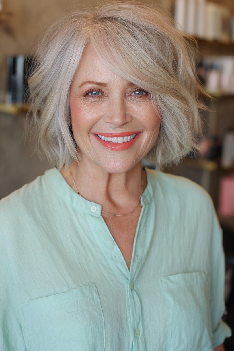 Blonde shaggy bob with bangs, smiling front view - shaggy bob haircut with bangs for women over 60