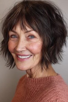 Dark brown shaggy bob with bangs, smiling front view - shaggy bob haircut with bangs for women over 60