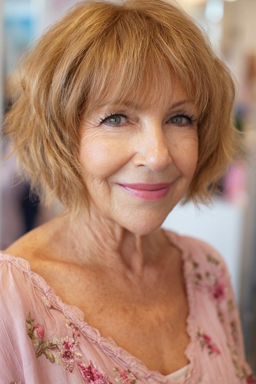 Strawberry blonde shaggy bob with bangs, front view - shaggy bob haircut with bangs for women over 60