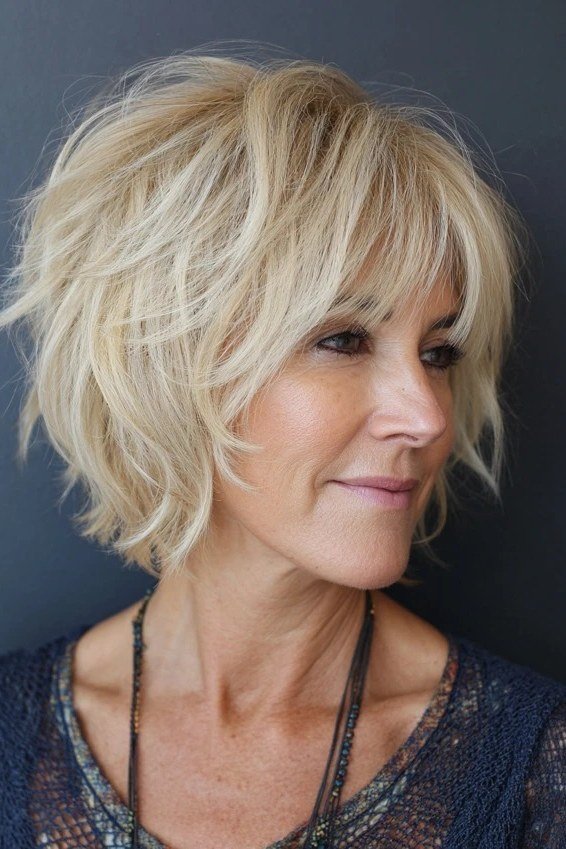 Blonde shaggy bob with feathered bangs, three-quarter view - shaggy bob haircut with bangs for women over 60