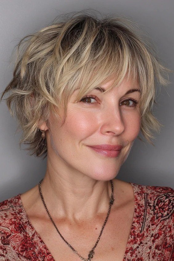 Blonde shaggy bob with bangs, front view - shaggy bob haircut with bangs for women over 60
