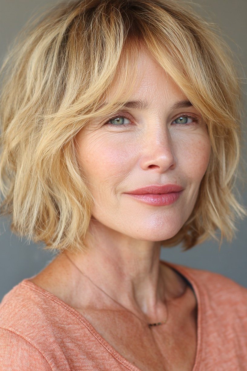 Blonde shaggy bob with wispy bangs, front view peach top - shaggy bob haircut with bangs for women over 60