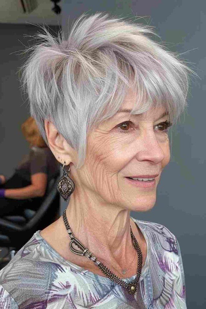 Short platinum shaggy pixie bob for fine hair over 60, side view
