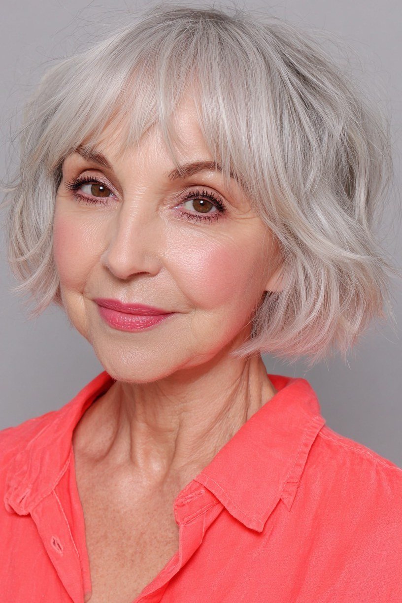 Platinum shaggy bob with bangs for women over 60, front view