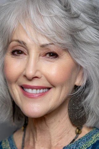 Silver shaggy bob with volume for fine hair over 60, front view