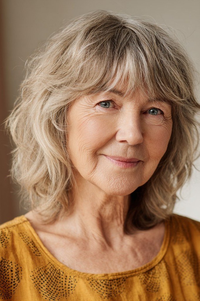 Honey blonde shaggy bob haircut for women over 60 with thin hair