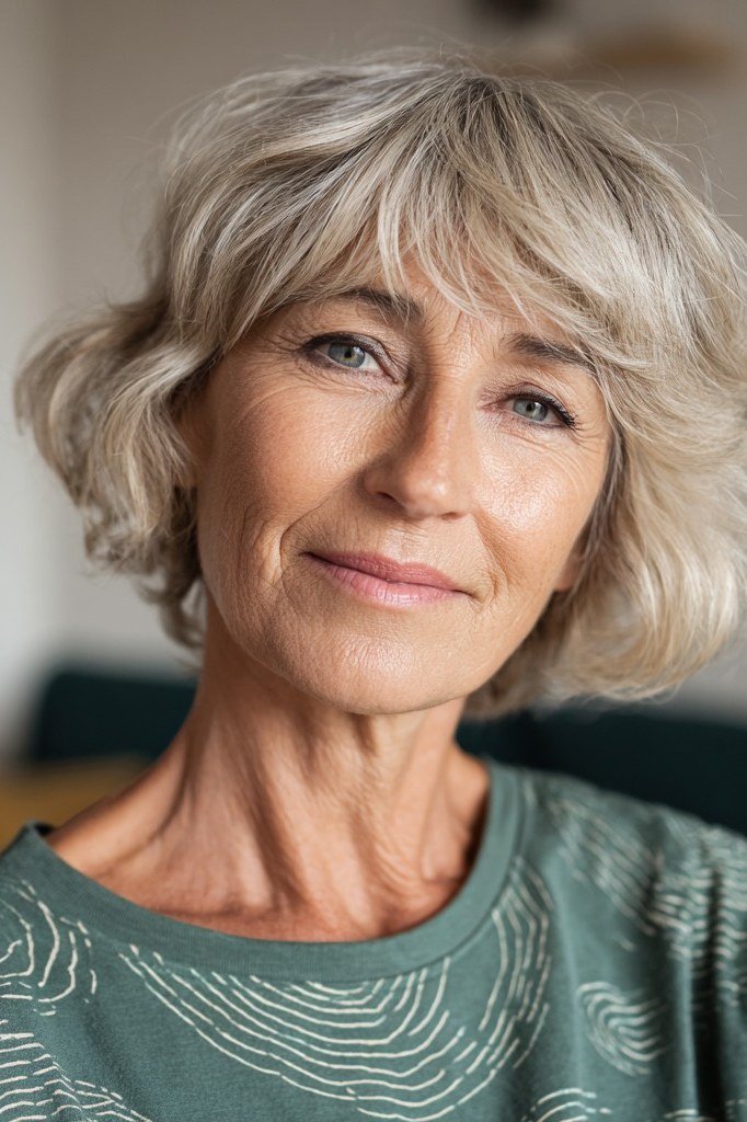 Tousled blonde shaggy bob for fine hair over 60, front view