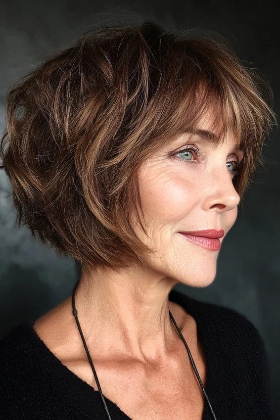 Brunette shaggy bob haircut for women over 60, side view