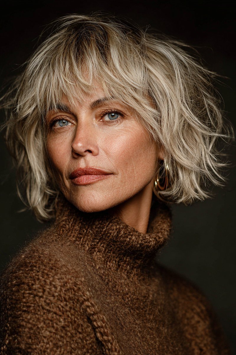 Polished blonde shaggy bob haircut for fine hair over 60