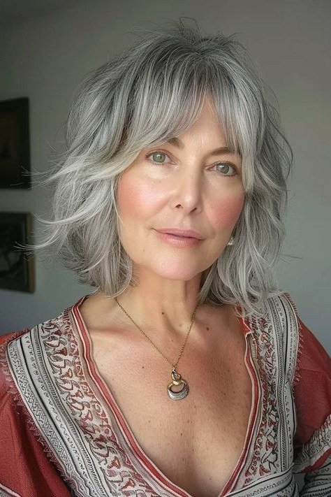Silver shaggy bob with soft texture for fine hair, front view