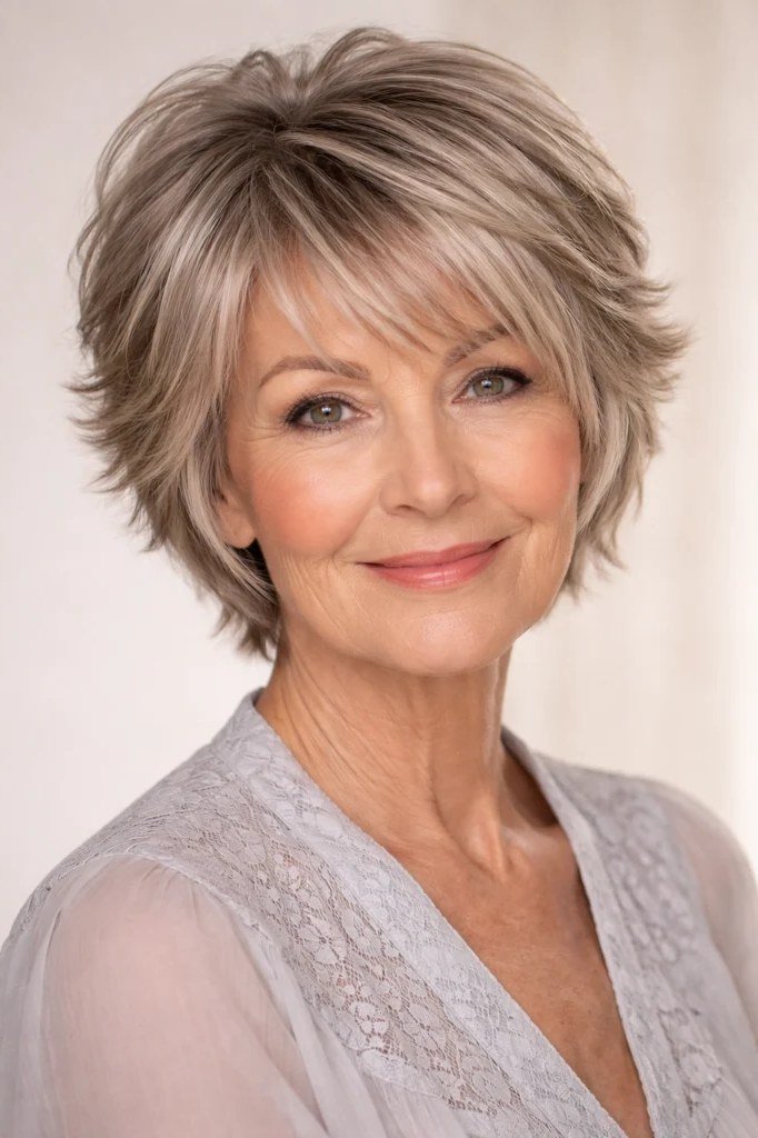 Blonde shaggy bob haircut for women over 60 with thin hair, front view