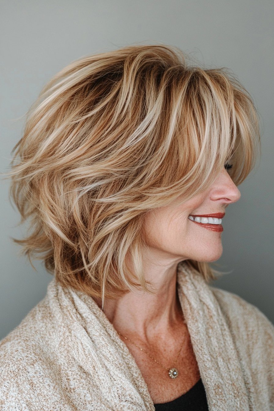 Layered blonde shaggy bob with stacked back for fine hair, side profile